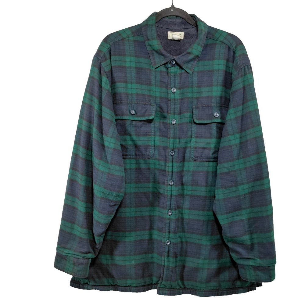 L.L. Bean Plaid Fleece Lined Flannel Button Up Shirt XL Reg Blue Green Tartan
